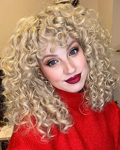 LONAI Short Blonde Curly Wig with Bangs for Women
