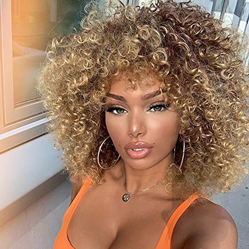 Xinran 14 inch Blonde Curly Wigs 70s, Kinky Brown Afro