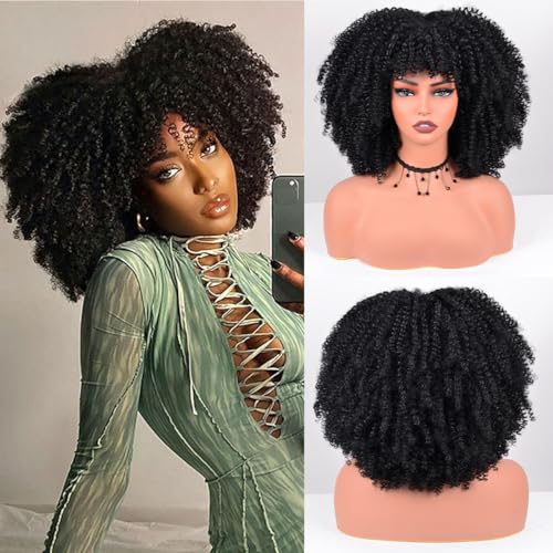 Vitorish Afro Curly Wig with Bangs 12 Inches Synthetic Black