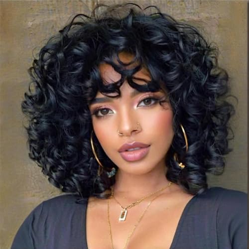 Kavsni Short Curly Wigs for Black Women with Bangs