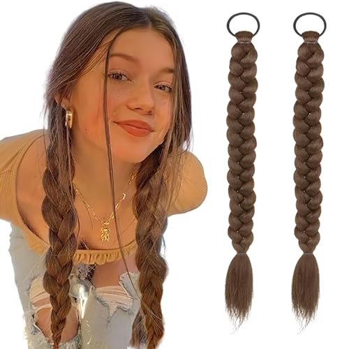 2Pcs Braided Ponytail Extensions with Hair Ties, Light Brown