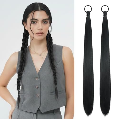Black Ponytail Extension for Women 2PCS DIY Braided 26 Inch