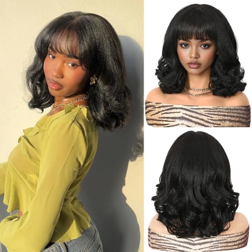 WIGER Yaki Texture Wavy Wig with Bangs Short Black Bob