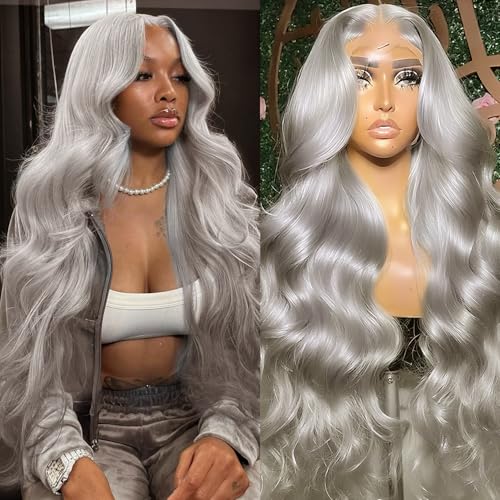 GHYK Grey Lace Front Wigs Human Hair Glueless Body Wave