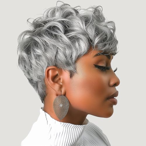 DOcute Gray Wig for Black People Pixie Cut Curly Bangs