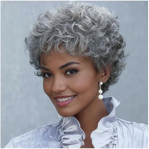 XIUFAXIRUSI XIUFAXIRUSI Short Grey Curly Wigs for Women...