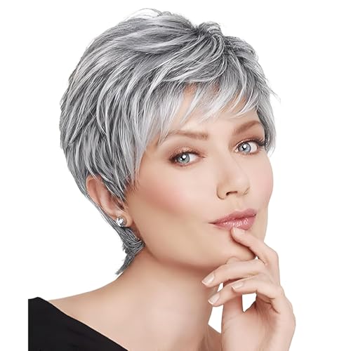 BECUS Grey Wig Silver Gray Pixie Cut Layered for Women