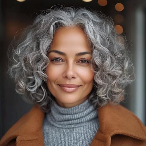 Beweig Short Gray Wavy Wigs for Women Silver Curly Bob
