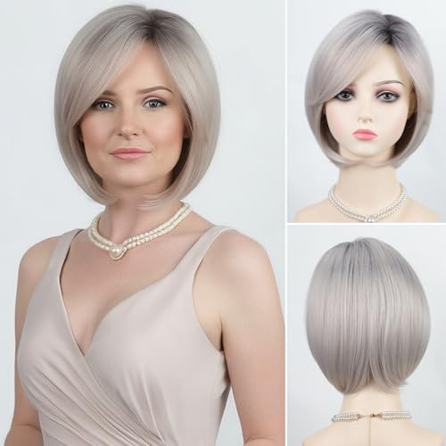 RENERSHOW Grey Bob Short Wigs for White Women with Bangs
