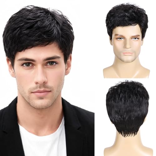DDHAIR Mens Wig, Short Black Wigs for Natural Layered Hair