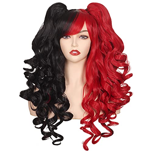 ColorGround Long Curly Cosplay Wig with 2 Black Red...