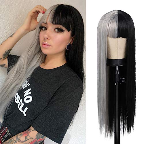 Kaneles Half Grey Half Black Wig for Women with Bangs