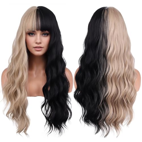 PATTNIUM Black and Blonde Long Wavy Curly Wig with Bangs