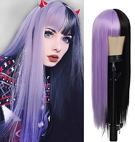 Swiking Half Purple Half Black Long Straight Lolita Wig...