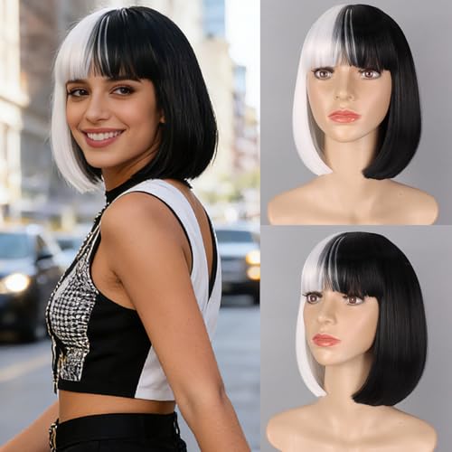 Tereshar Black and White Bob Wig for Women Halloween Cosplay