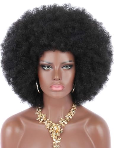 Kalyss Kinky Curly Afro Wig with Bangs, 16 Inch Black