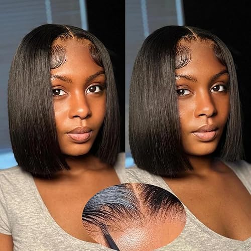 SJXAL Short Bob Wig Human Hair Straight 4x4 Lace Closure
