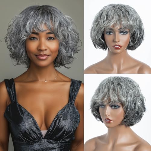 JOEDIR HAIR Grey Wavy Wig with Bangs for Women