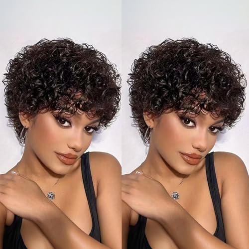 PangDongLai Pixie Cut Short Curly Human Hair Wig with Bangs