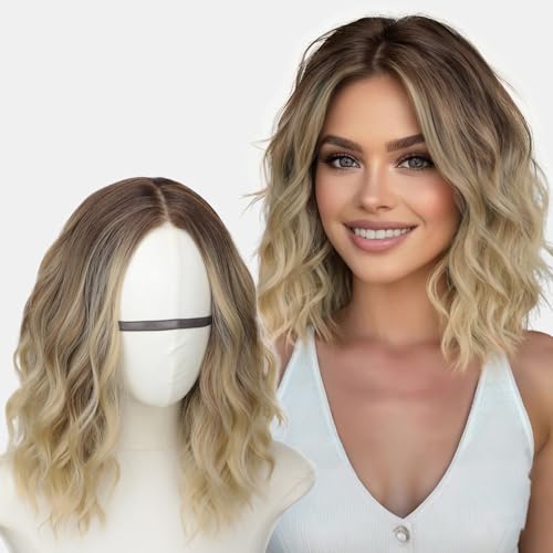 AISI HAIR 14 Inch Ombre Blonde Wigs Natural Wavy Bob