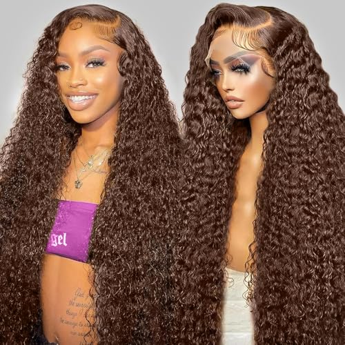 GXTKI 30Inch Chocolate Brown Human Hair Wig Deep Wave Lace