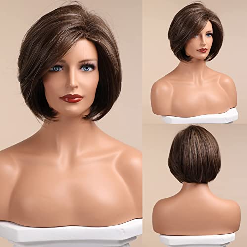 HAIRCUBE Brown Bob Wig Short Hair Wigs with Highlights