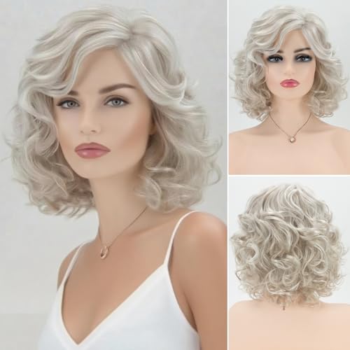 RENERSHOW Short Sliver Gray Curly Wigs for White Women