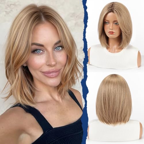 starluck Human Hair Wigs for Women, Curtain Bangs Brown Bob