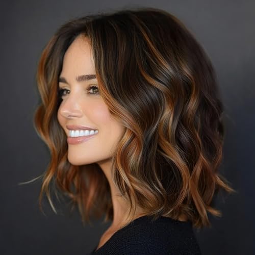 AISI HAIR 14 Inch Highlights Caramel Brown Wavy Bob Wig