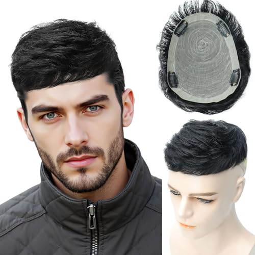 VividCrown Toupee for Men Human Hair Men‘s Short Black Wig