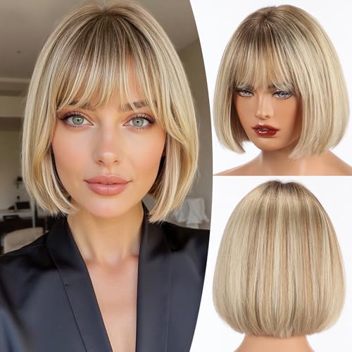 EMMOR 100% Human Hair Wig for Women Bob with Bangs