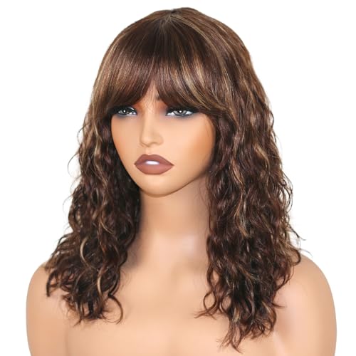 ManeMajesty 16 Inch Body Wave Wig with Bangs and Highlights