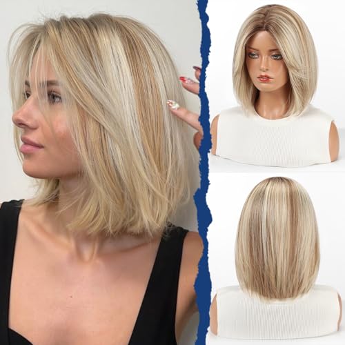 starluck Human Hair Wigs for Women, Curtain Bangs Ombre Bob