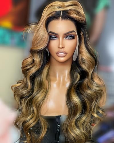 LAYSHAGO Synthetic Lace Front Brown Skunk Stripe Long Wavy...