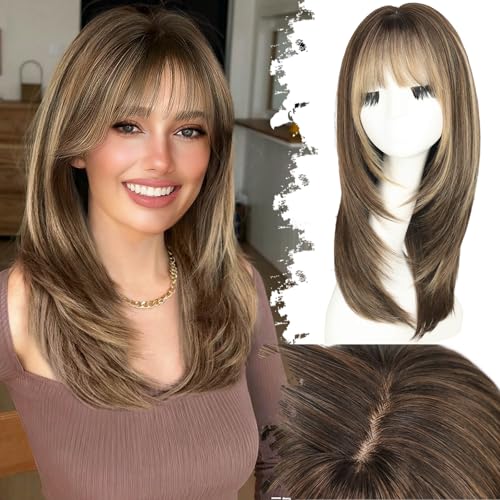 Eawwii Wig with Bangs for Women Brown Blonde Highlighted...