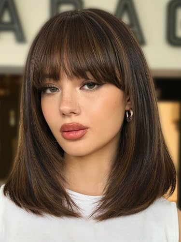 FANCEE Highlight Layered Wigs with Bangs 14 Inch Mixed Brown