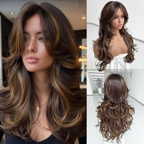 Highlight Dark Brown Mix Honey Blonde Long Layered Wavy Wig