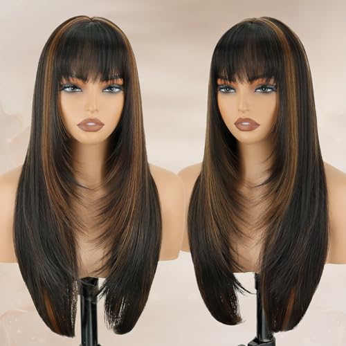 NOVFLKW Highlight Long Straight Layered Wig with Bangs for...
