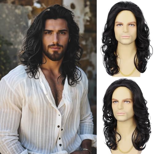 Guree Hair Mens Wig Long Curly Wavy Black Heat Resistant