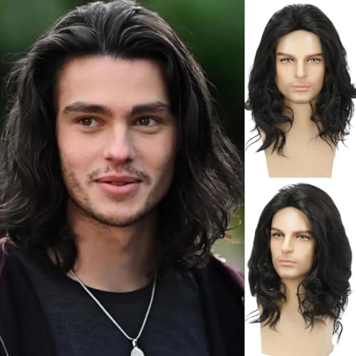 Mens Black Curly Wig Shoulder Length Curly Layered Hair