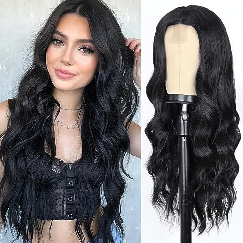 WERD Long Black Wavy Wigs for Women with Middle Part