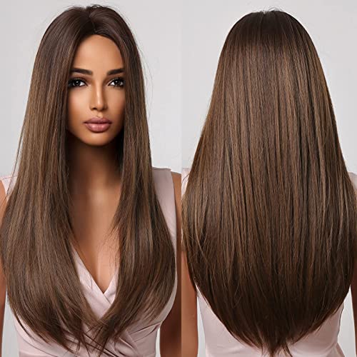 Allbell Brown Wigs for Women Long Straight Layered...