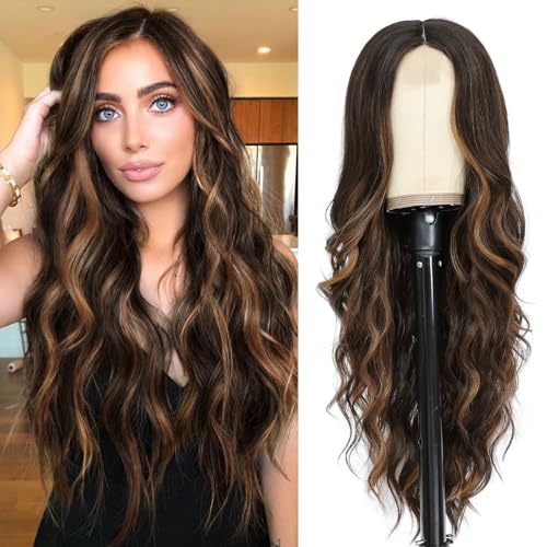 NAYOO 26 Inch Long Curly Middle Part Dark Brown Wig