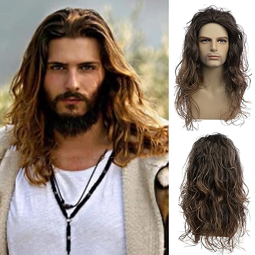 Baruisi Long Curly Wavy Brown Wigs for Men Halloween Cosplay
