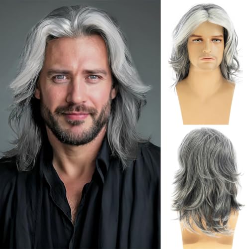 Baruisi Mens Wig Grey Long Straight Synthetic Heat...