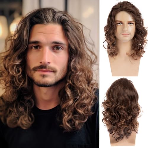Beweig Brown Wig for Men Long Curly Wavy Synthetic Costume