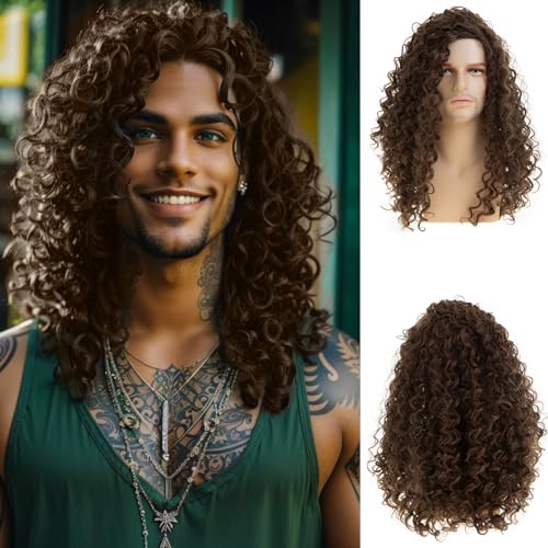 Dsimeig Long Curly Brown Wigs for Men Halloween Costume...