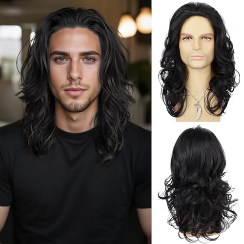 Wallden Hair Mens Black Wig Long Curly Wavy Synthetic Hair