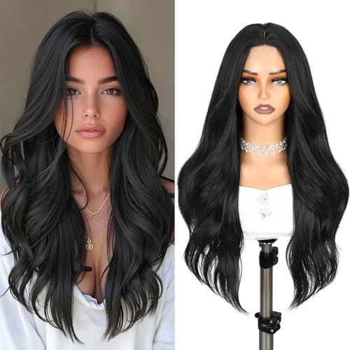 WIGER Long Wavy Layered Wig for Women Black Middle Part