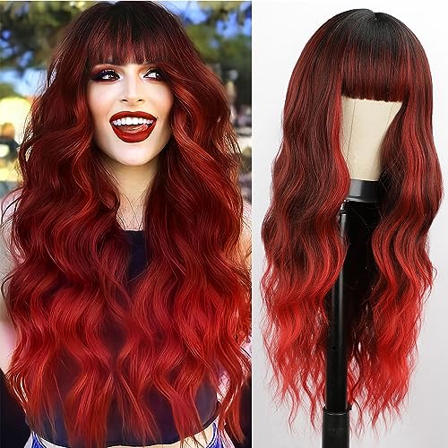 BOGSEA Red Wigs with Bangs Long Wavy Synthetic Hair